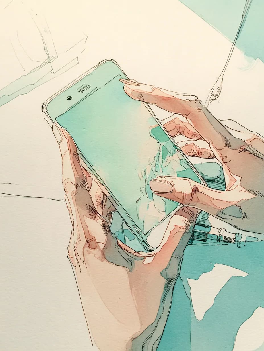 スマートフォンで予約する手元を描いた水彩画
