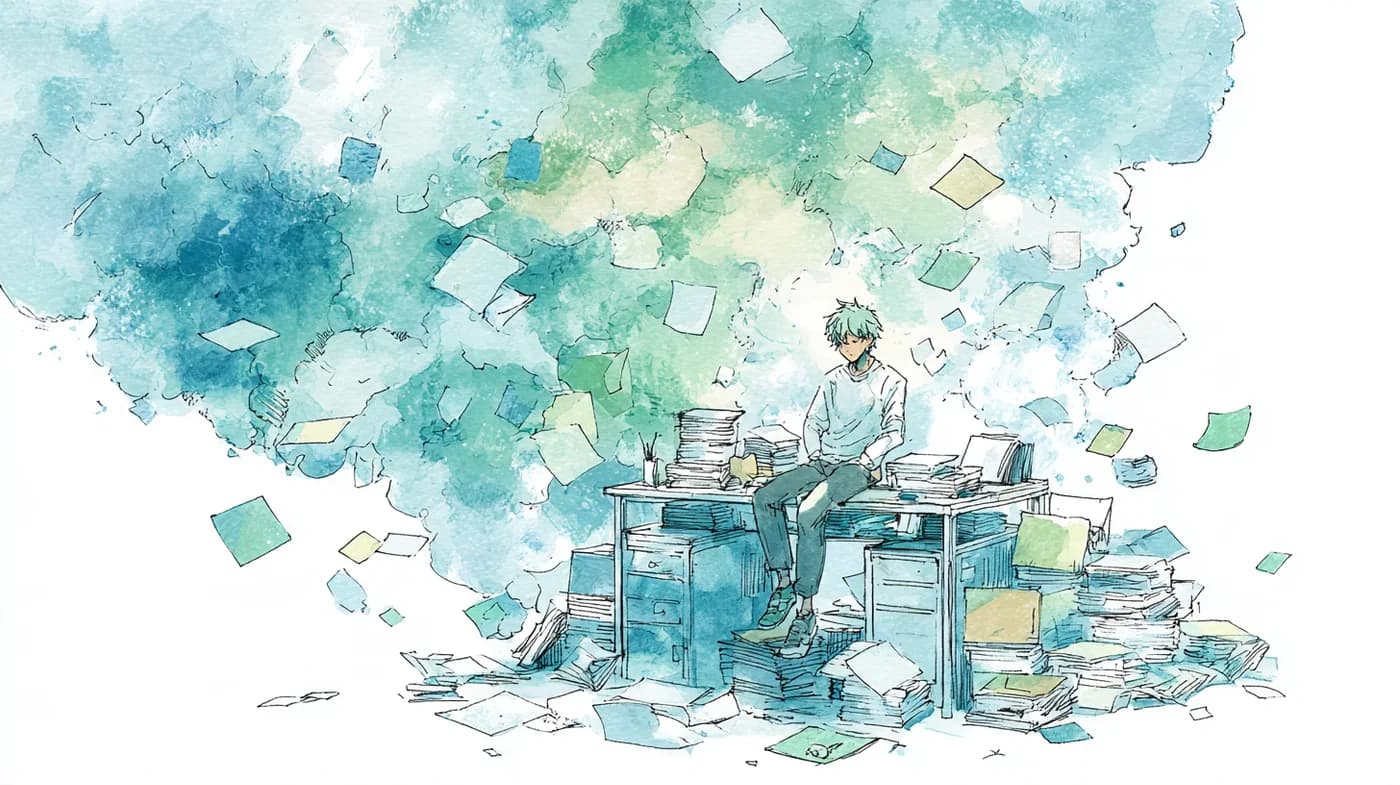たくさんの書類に囲まれたデスクを描いた水彩画
