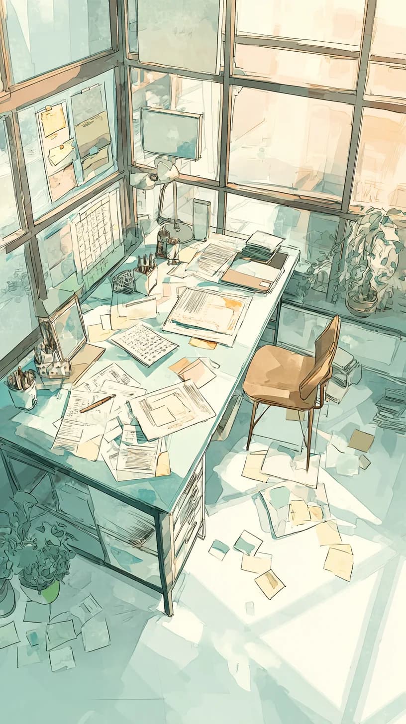 書類が広がったサロンのデスクを描いた水彩画
